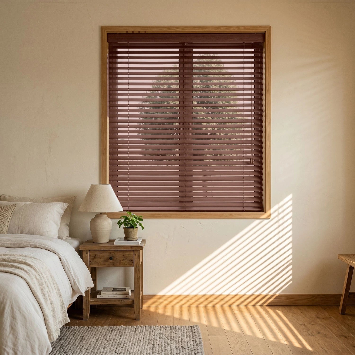Custom Faux Wood Blinds - Walnut Brown in Soft Bedroom