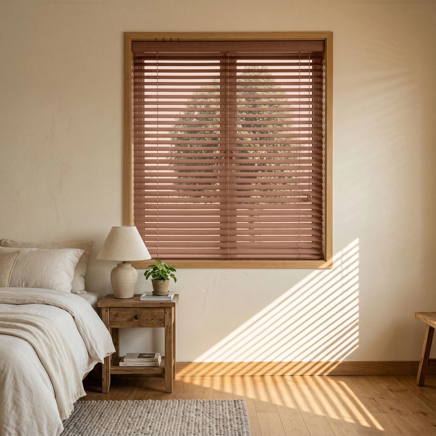 Custom Faux Wood Blinds - Pecan Brown in Soft Bedroom