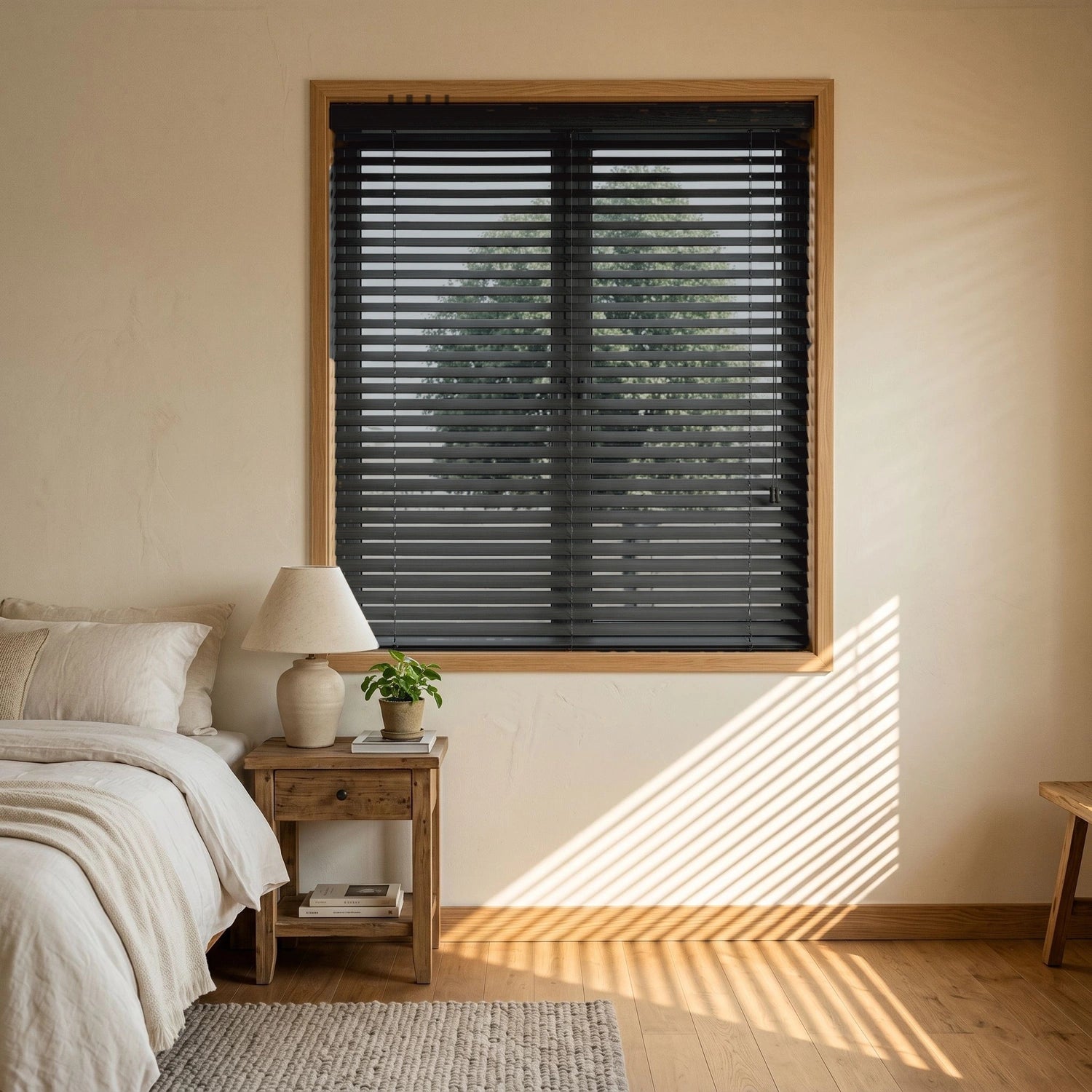 Custom Faux Wood Blinds - Graphite in Soft Bedroom