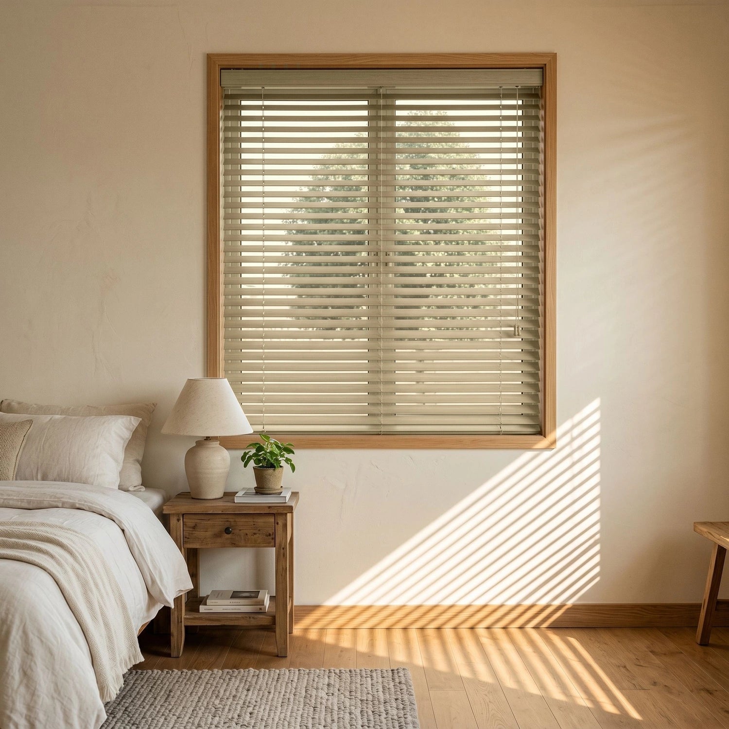 Custom Faux Wood Blinds - Sandstone in Soft Bedroom