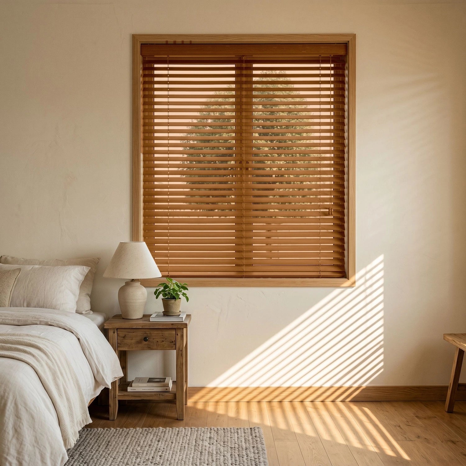 Custom Faux Wood Blinds - Golden Oak in Soft Bedroom