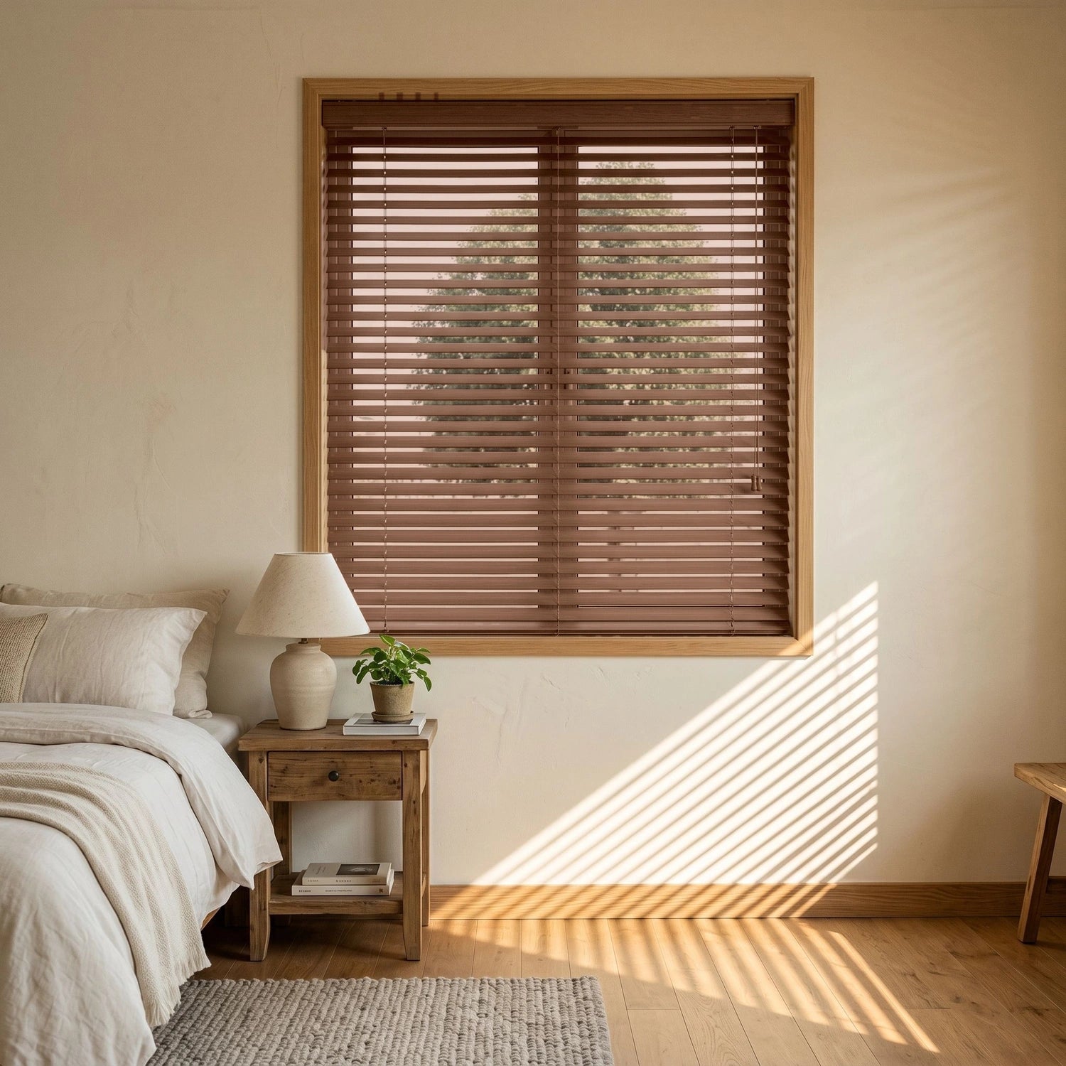 Custom Faux Wood Blinds - Cocoa Brown in Soft Bedroom