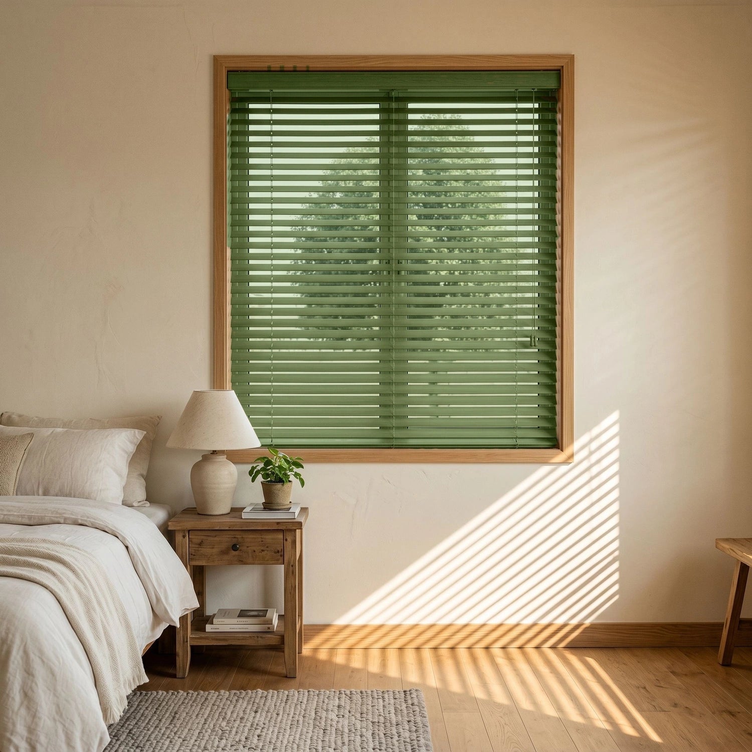 Custom Faux Wood Blinds - Olive Grove in Soft Bedroom