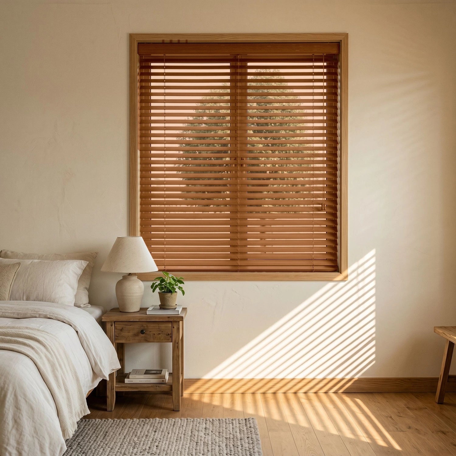 Custom Faux Wood Blinds - Russet in Soft Bedroom