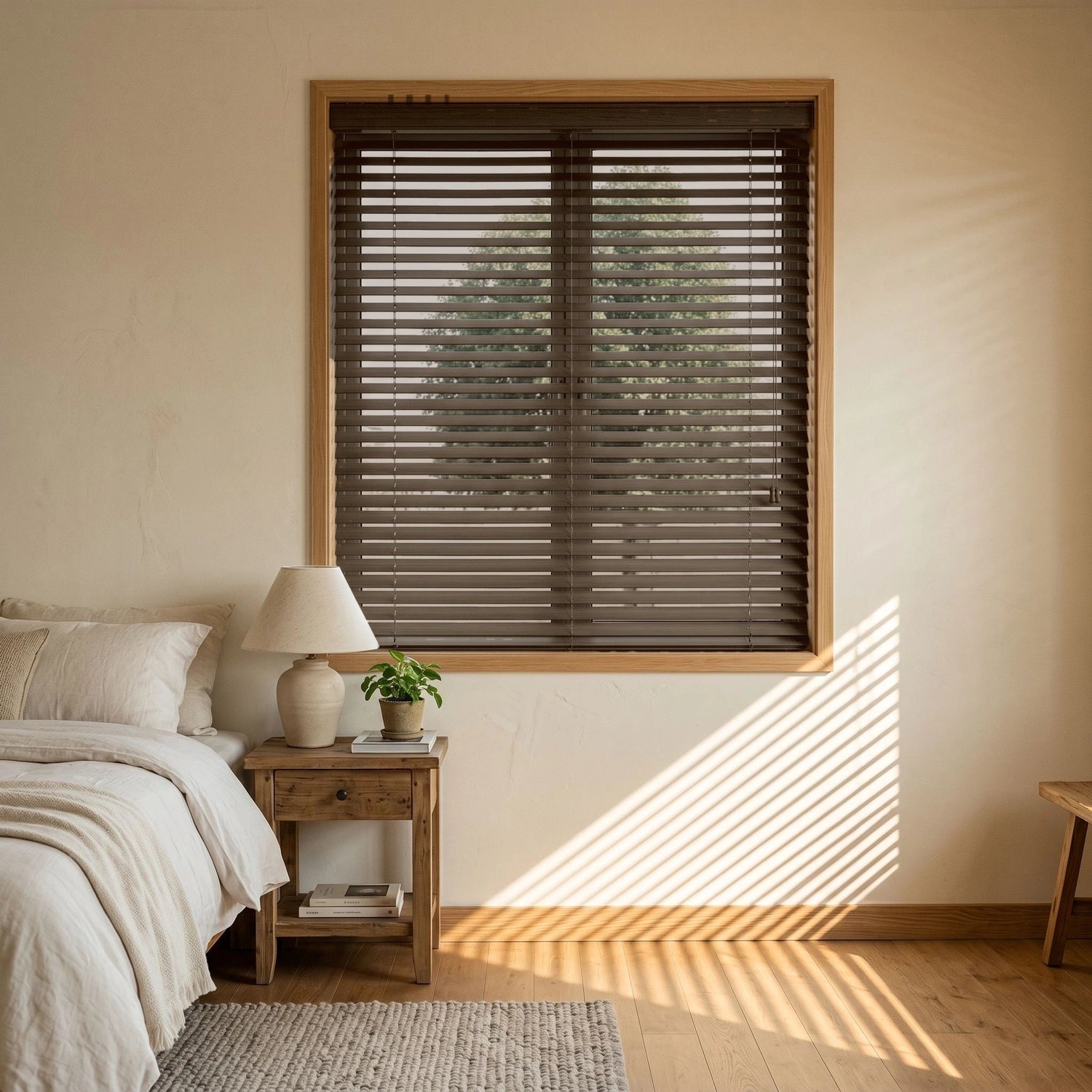 Custom Faux Wood Blinds - Espresso in Soft Bedroom