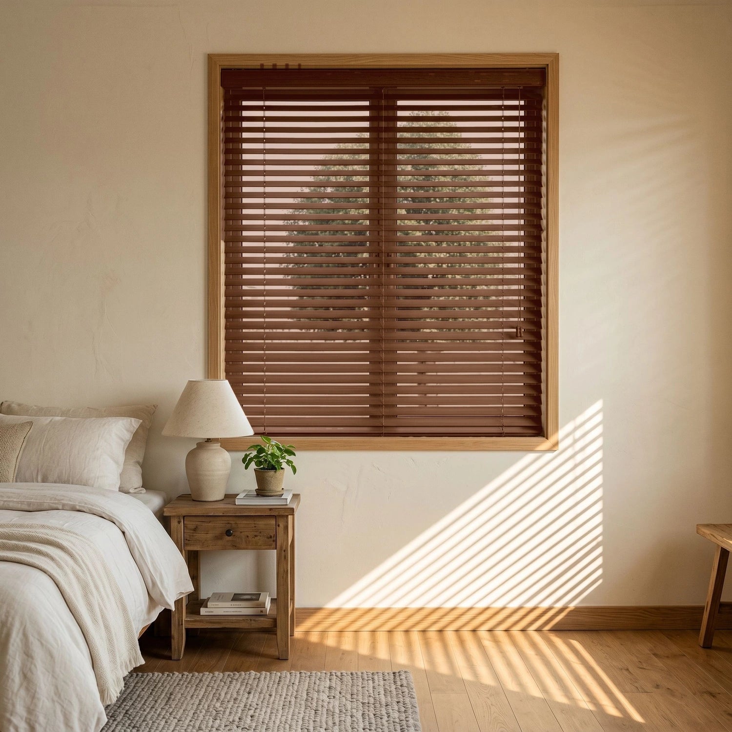 Custom Faux Wood Blinds - Mahogany in Soft Bedroom