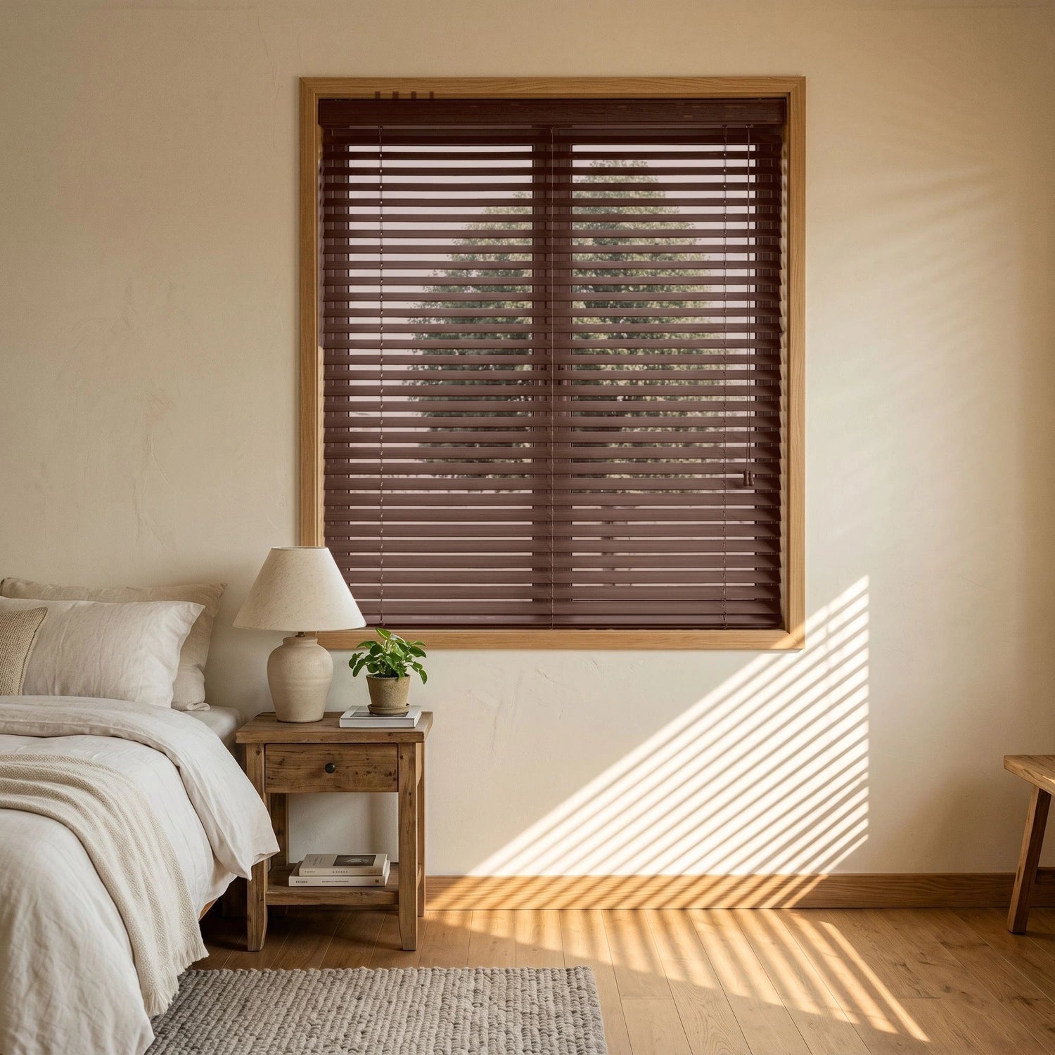Custom Faux Wood Blinds - Chocolate in Soft Bedroom