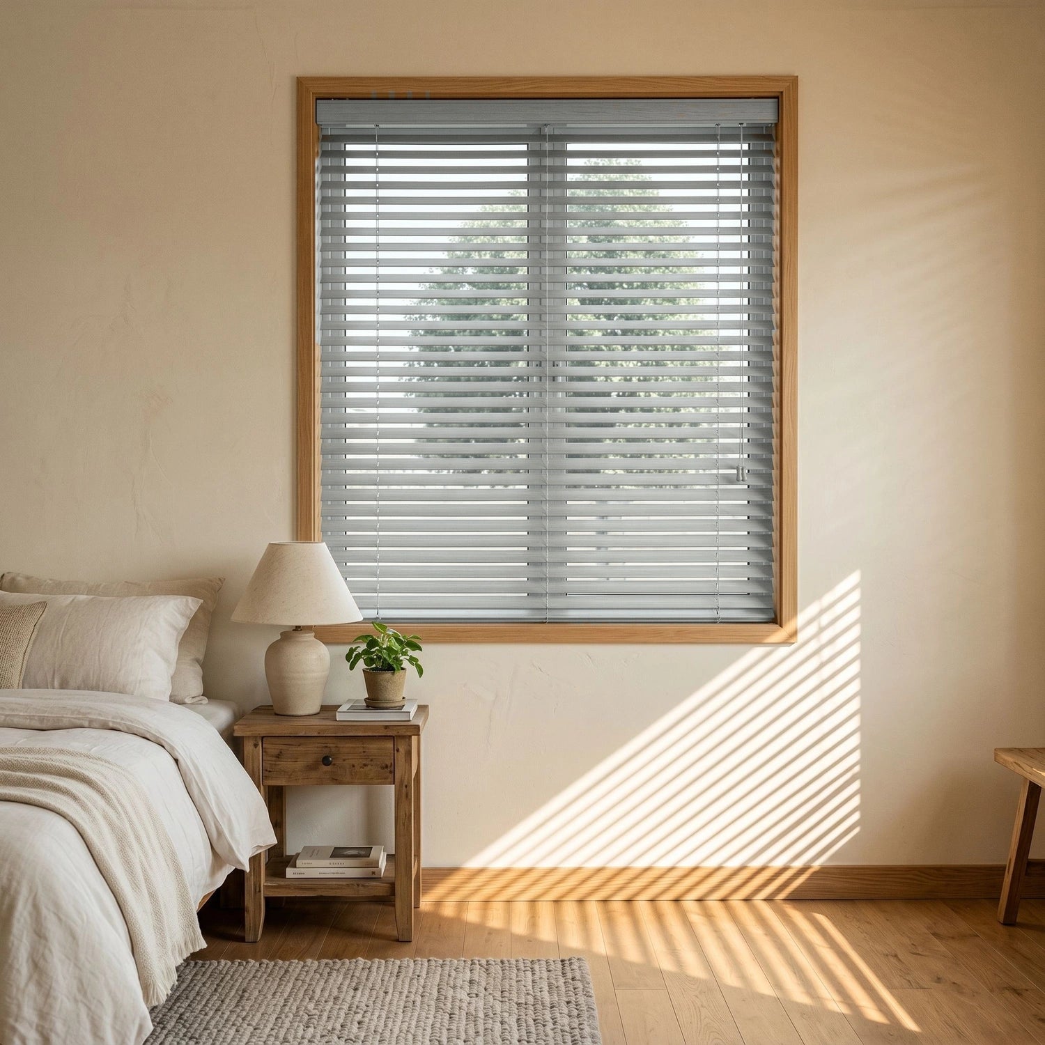 Custom Faux Wood Blinds - Misty Grey in Soft Bedroom
