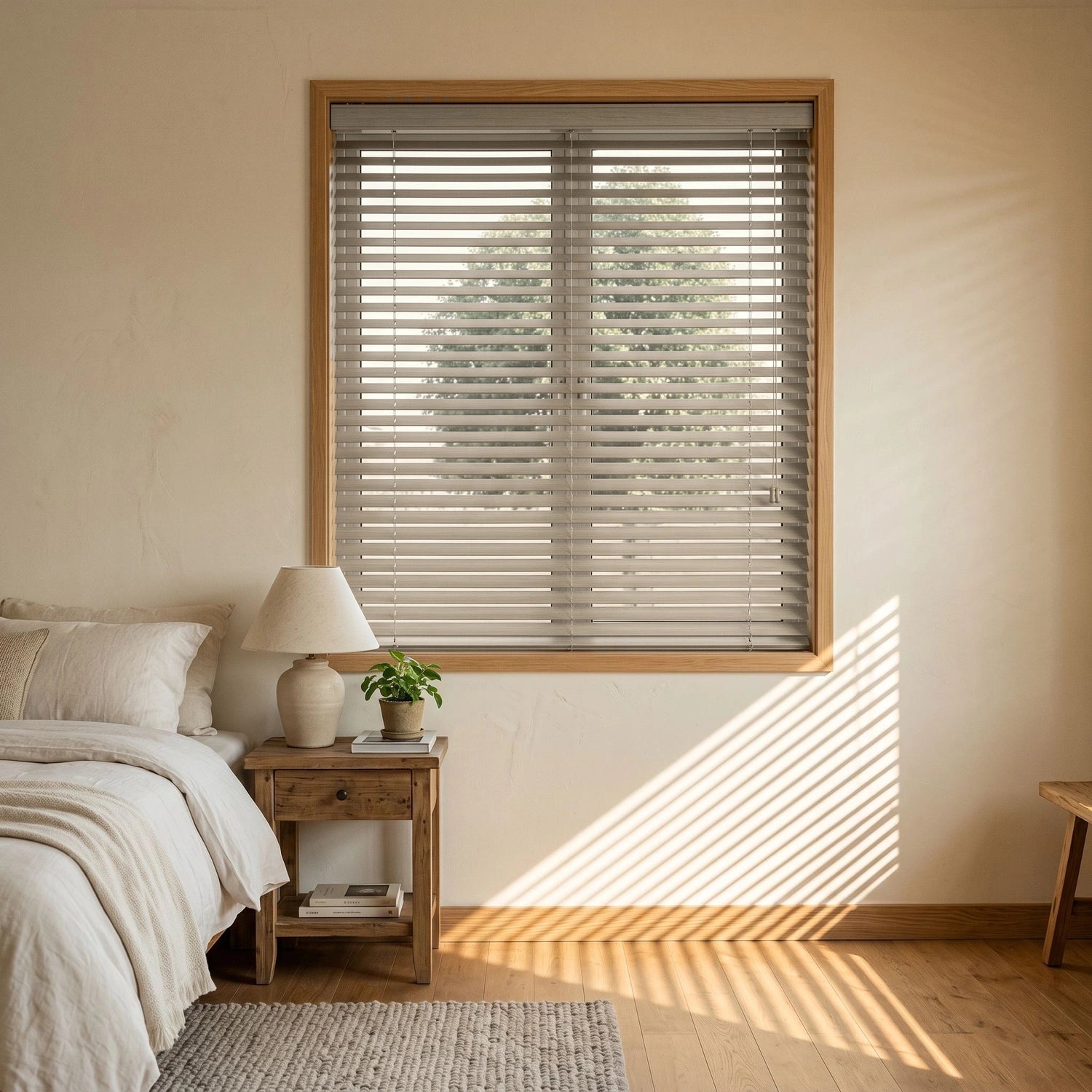Custom Faux Wood Blinds - Greige Stone in Soft Bedroom