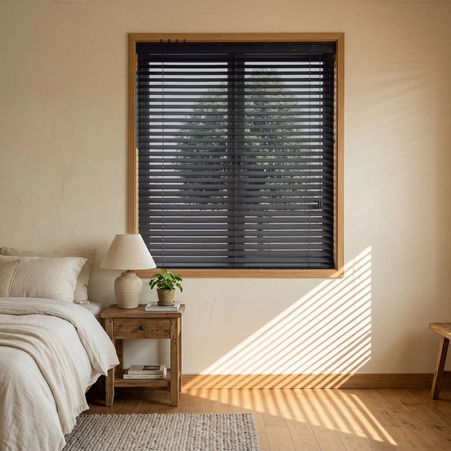 Custom Faux Wood Blinds - Slate in Soft Bedroom