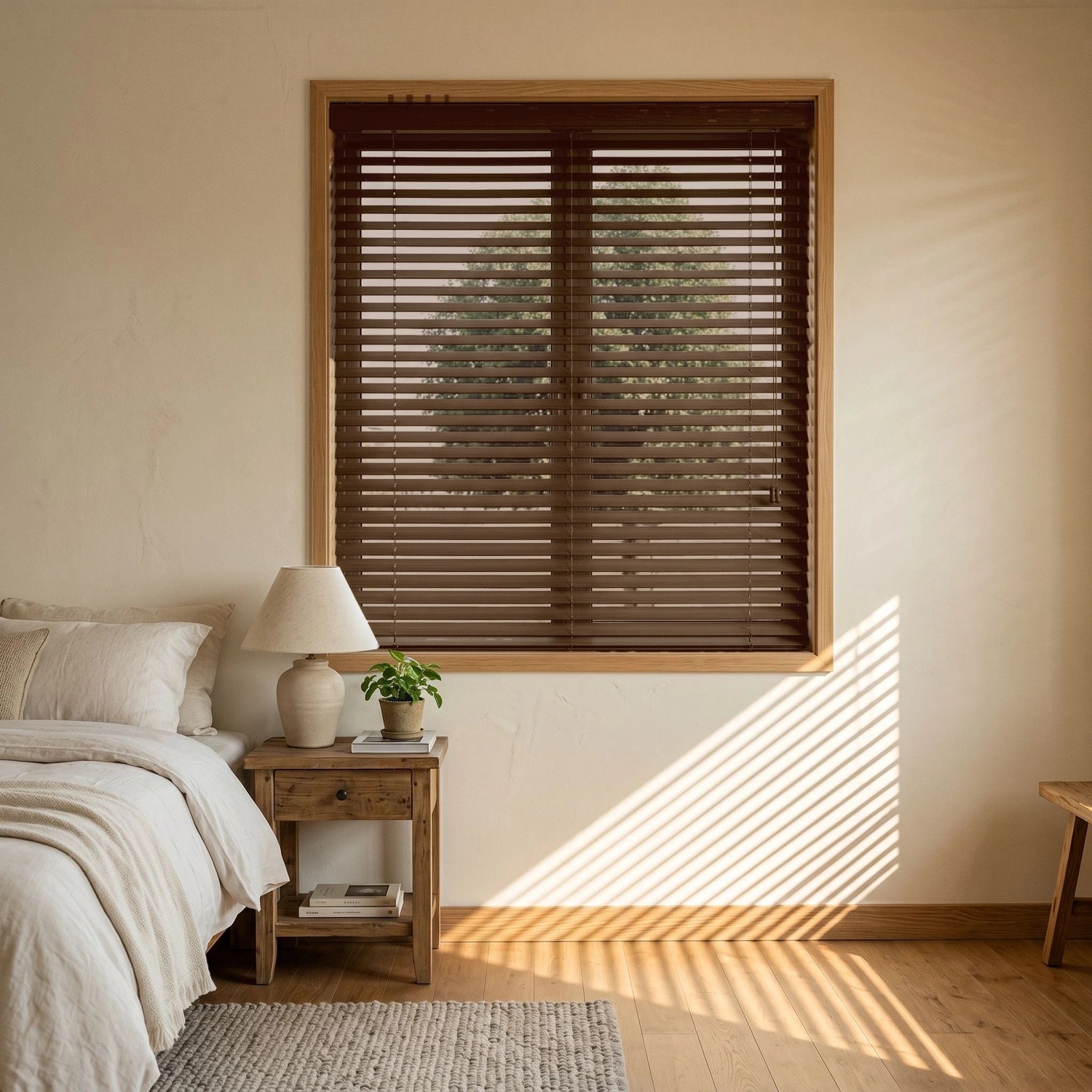 Custom Faux Wood Blinds - Coffee Bean in Soft Bedroom