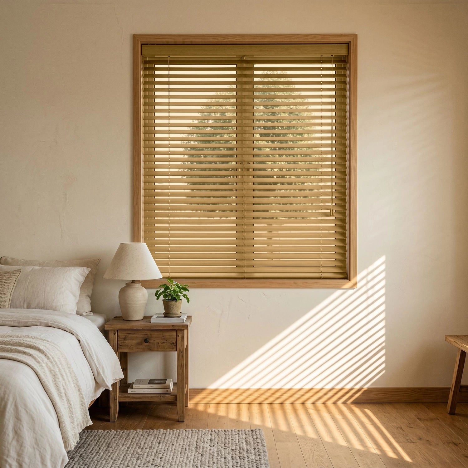 Custom Faux Wood Blinds - Honey Oak in Soft Bedroom