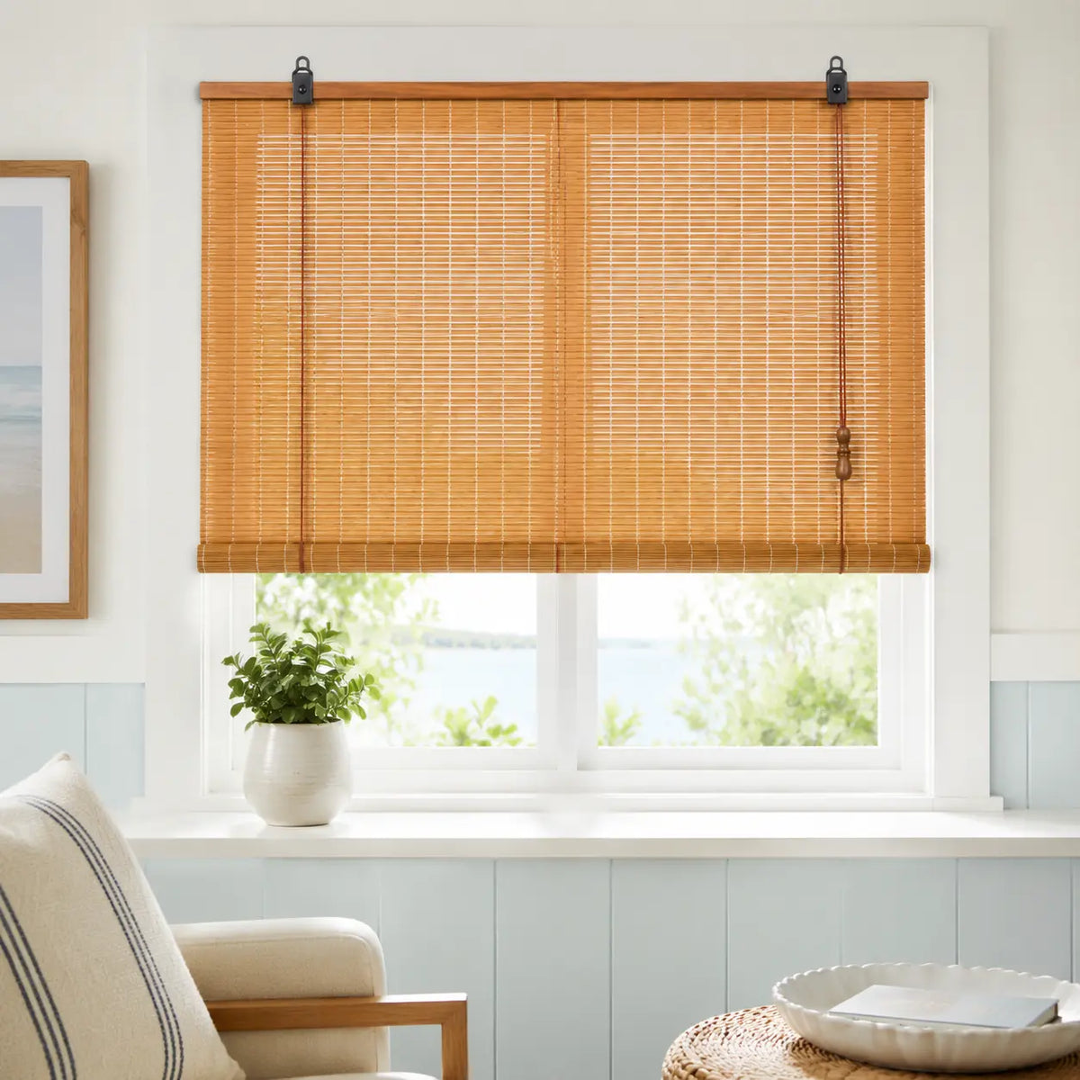 Custom Natural Bamboo Roll-Up Window Shade – Light Filtering Woven Wood Blind
