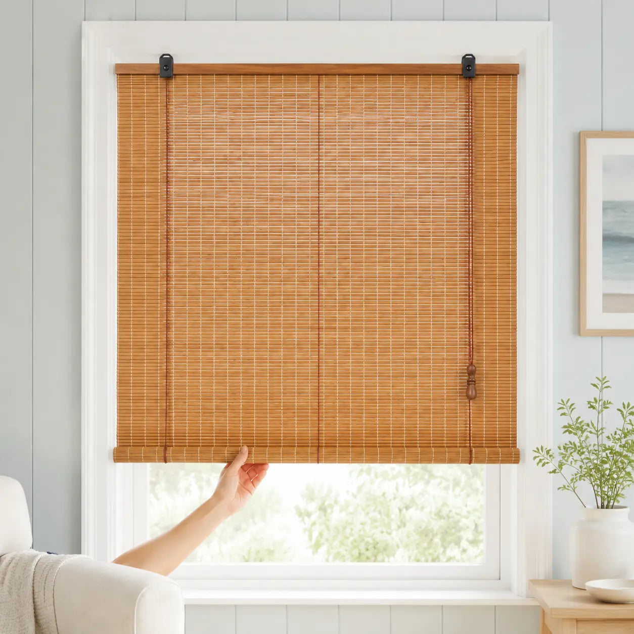Custom Natural Bamboo Roll-Up Window Shade – Light Filtering Woven Wood Blind