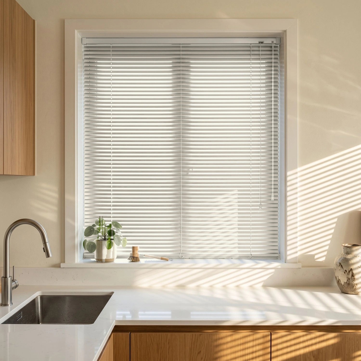 Custom Aluminum Blinds - Ivory Cream in Bright Kitchen