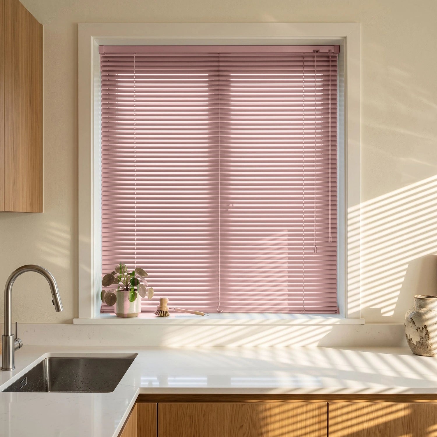 Custom Aluminum Blinds - Blush Pink in Bright Kitchen