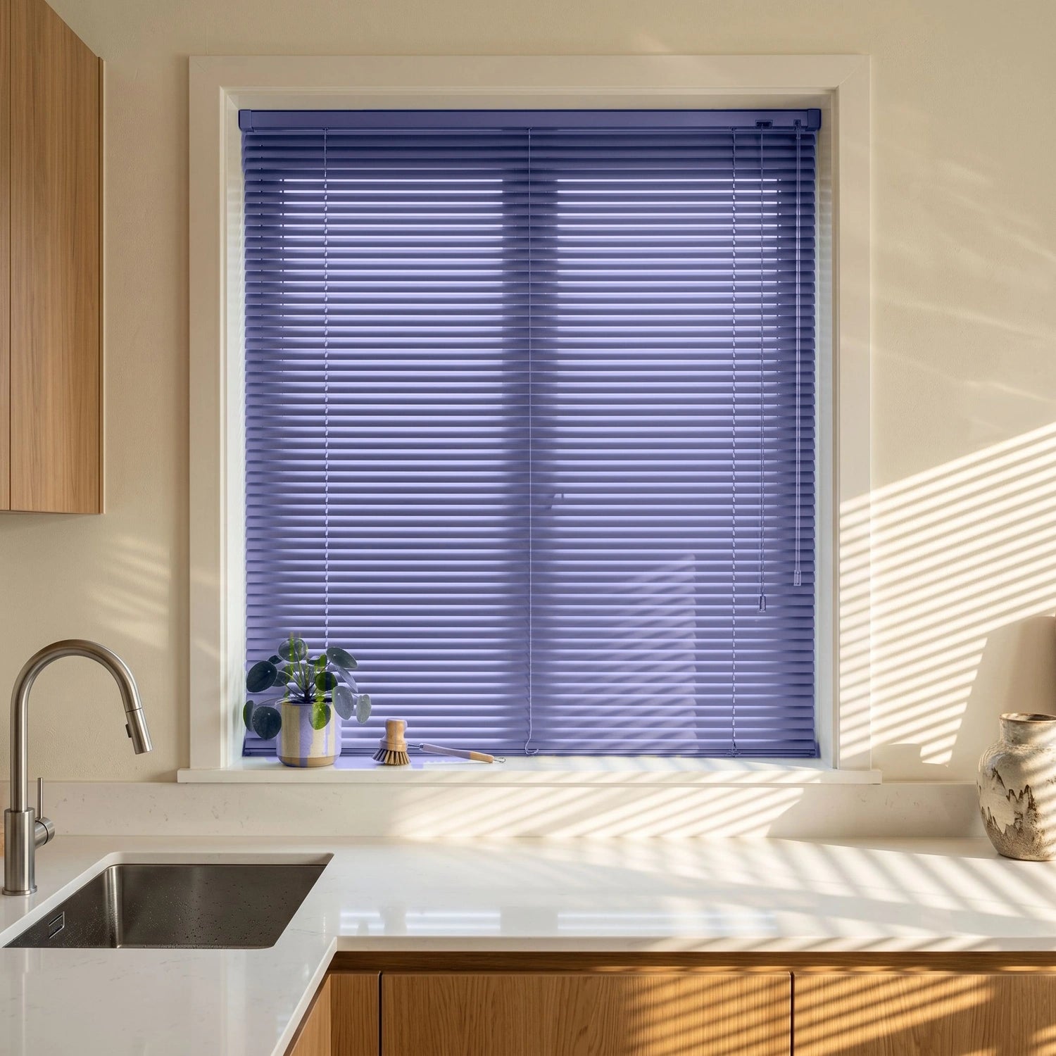 Custom Aluminum Blinds - Midnight Indigo in Bright Kitchen