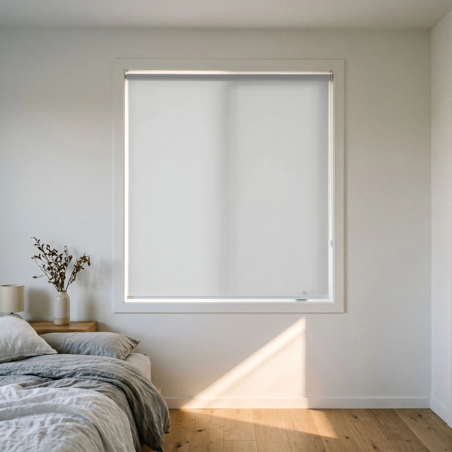 Custom Roller Shades - Light Grey · Blackout in Modern Bedroom