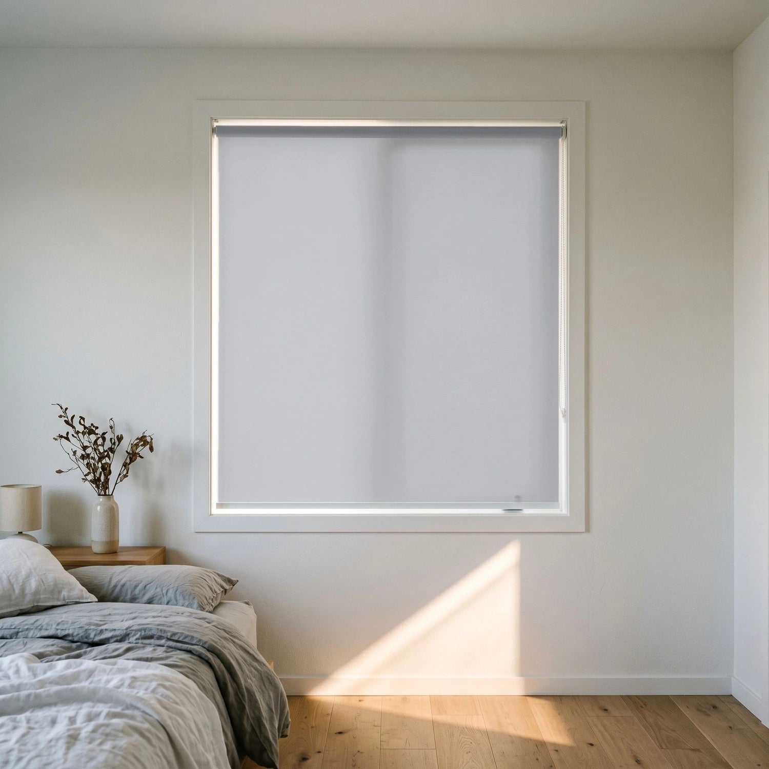 Custom Roller Shades - Sheer Grey · Light Filtering in Modern Bedroom