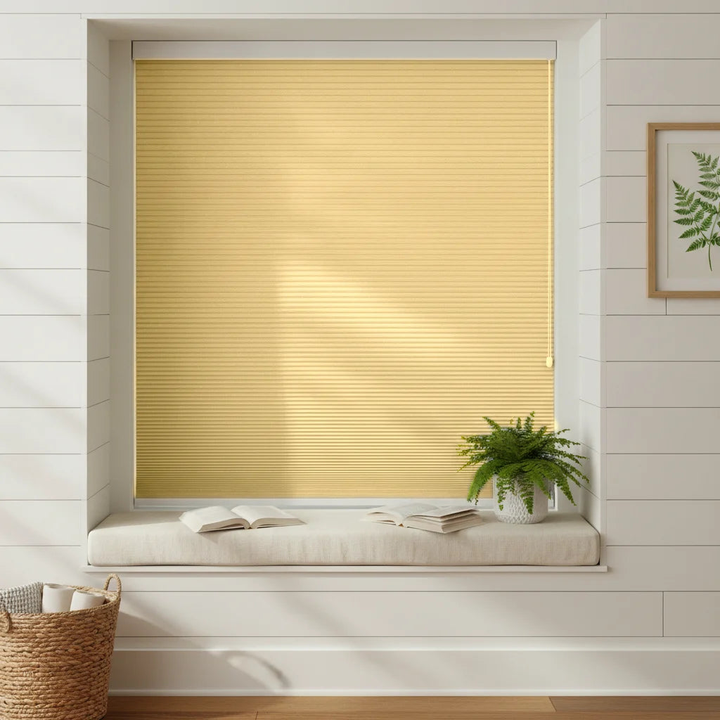 Custom Blackout Cellular Shades - 5010-1象牙黄 in Bay Window Nook