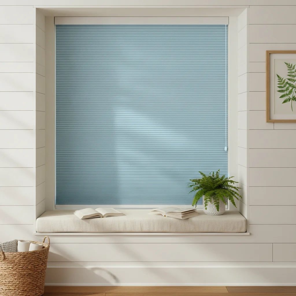 Custom Blackout Cellular Shades - 5010-4晚波蓝 in Bay Window Nook
