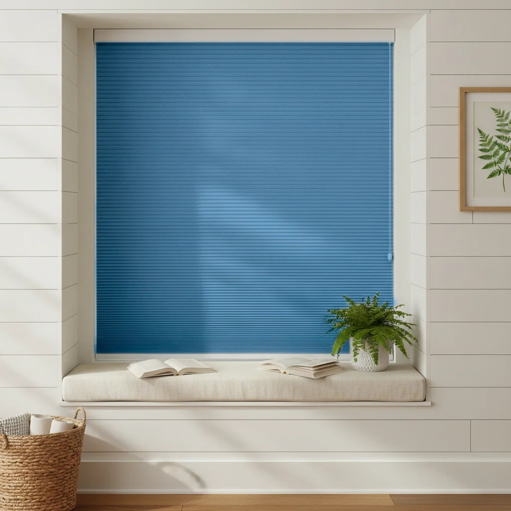 Custom Blackout Cellular Shades - 5010-5蓝色 in Bay Window Nook