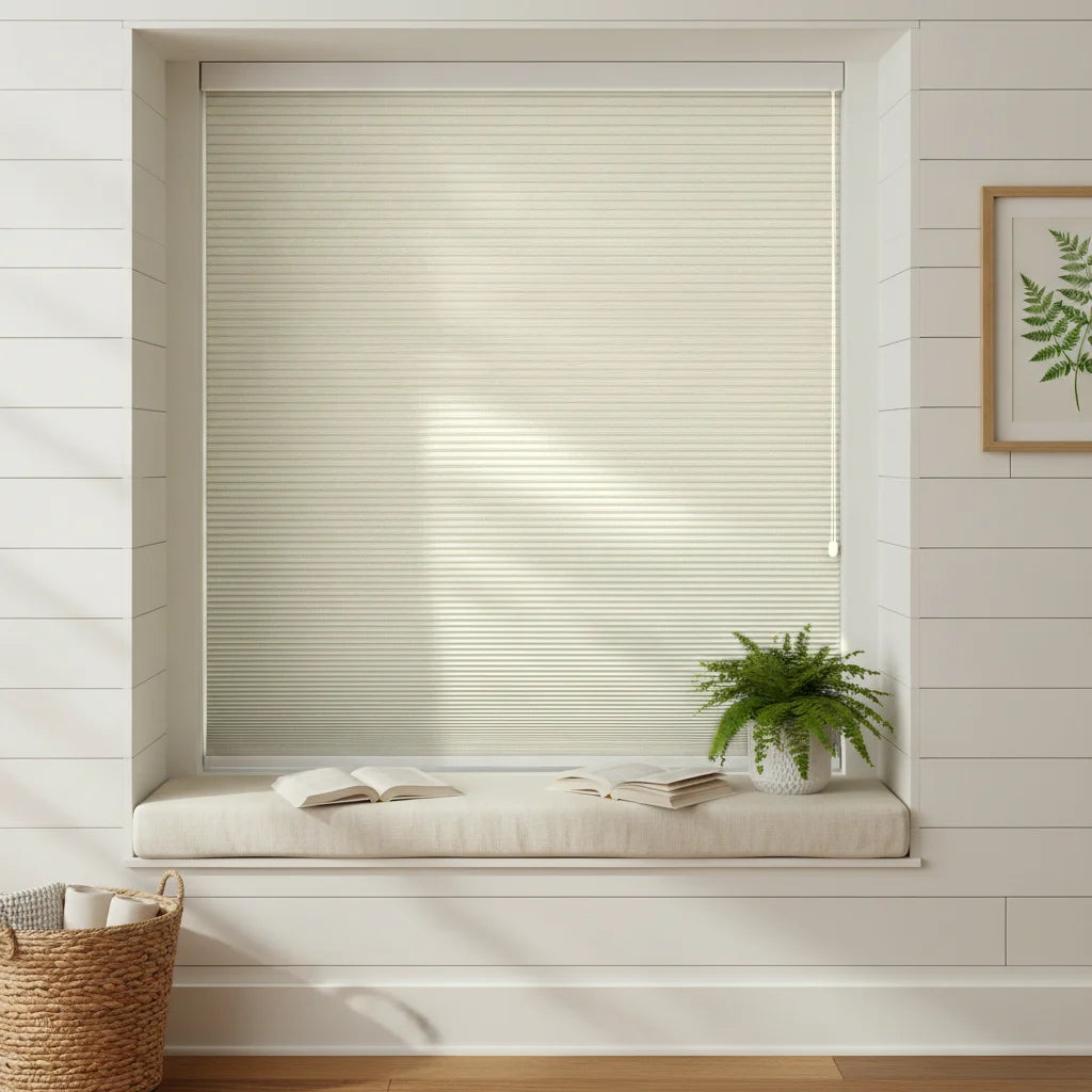 Custom Blackout Cellular Shades - HSLB26-0131-海沫绿 in Bay Window Nook