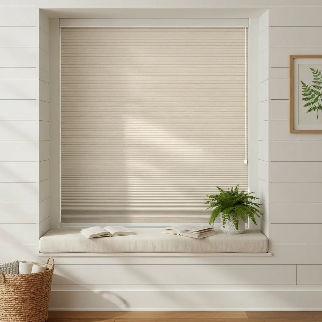 Custom Blackout Cellular Shades - OM3-13 in Bay Window Nook