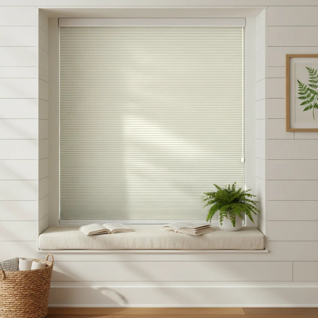 Custom Blackout Cellular Shades - OM3-15 in Bay Window Nook