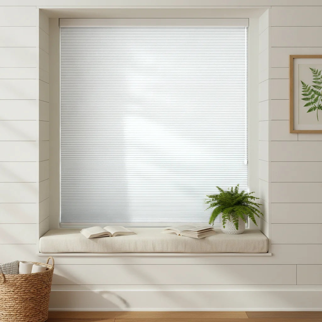 Custom Blackout Cellular Shades - OM3-3 in Bay Window Nook