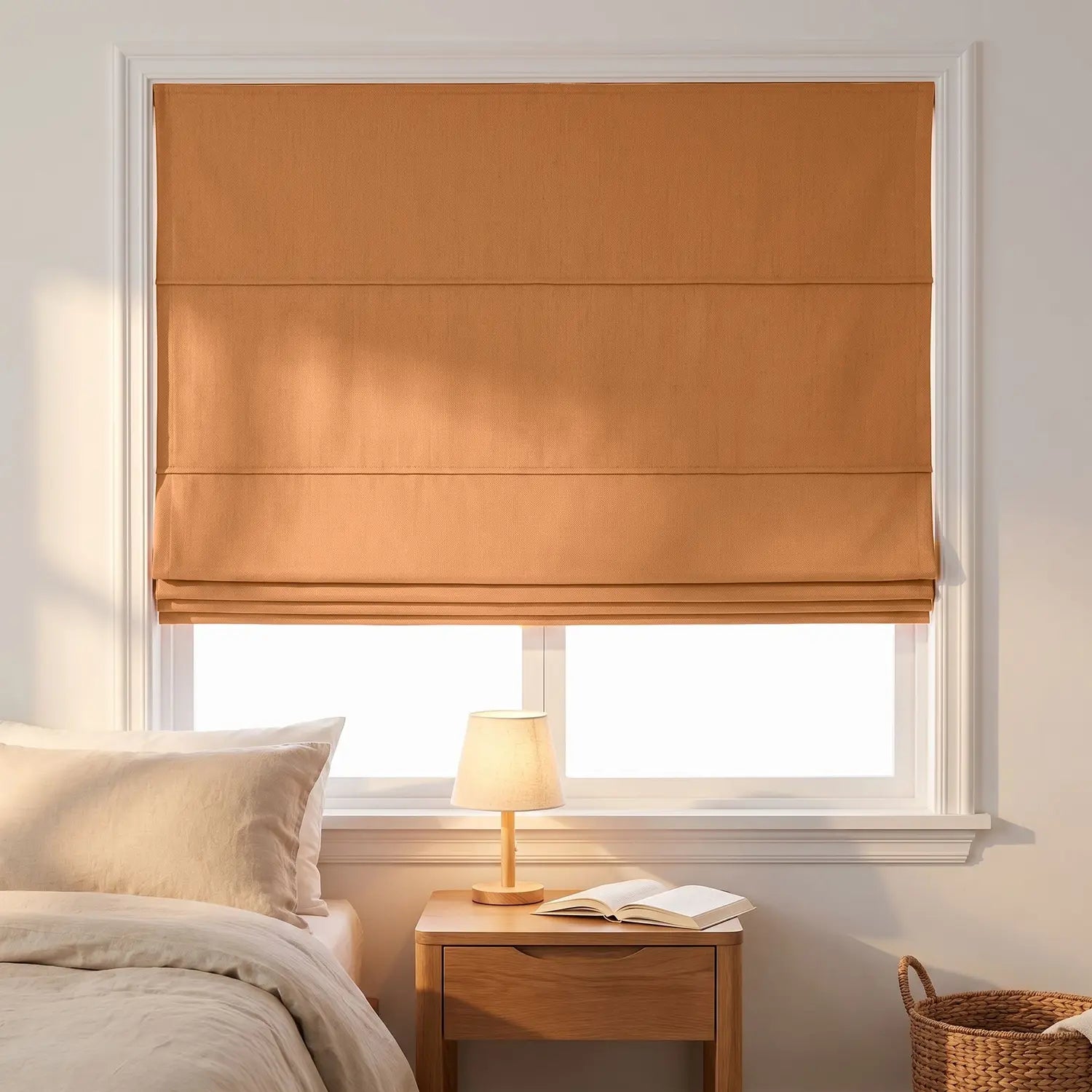 Custom Roman Shade - Clay Orange in room