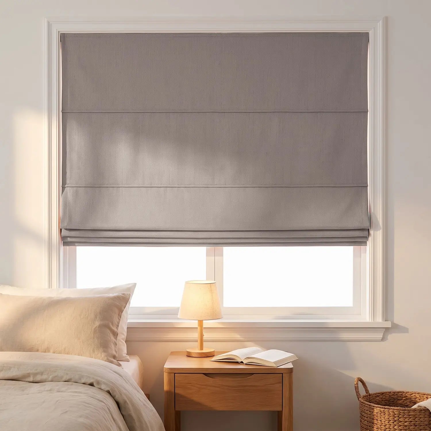 Custom Roman Shade - Mist Grey in room