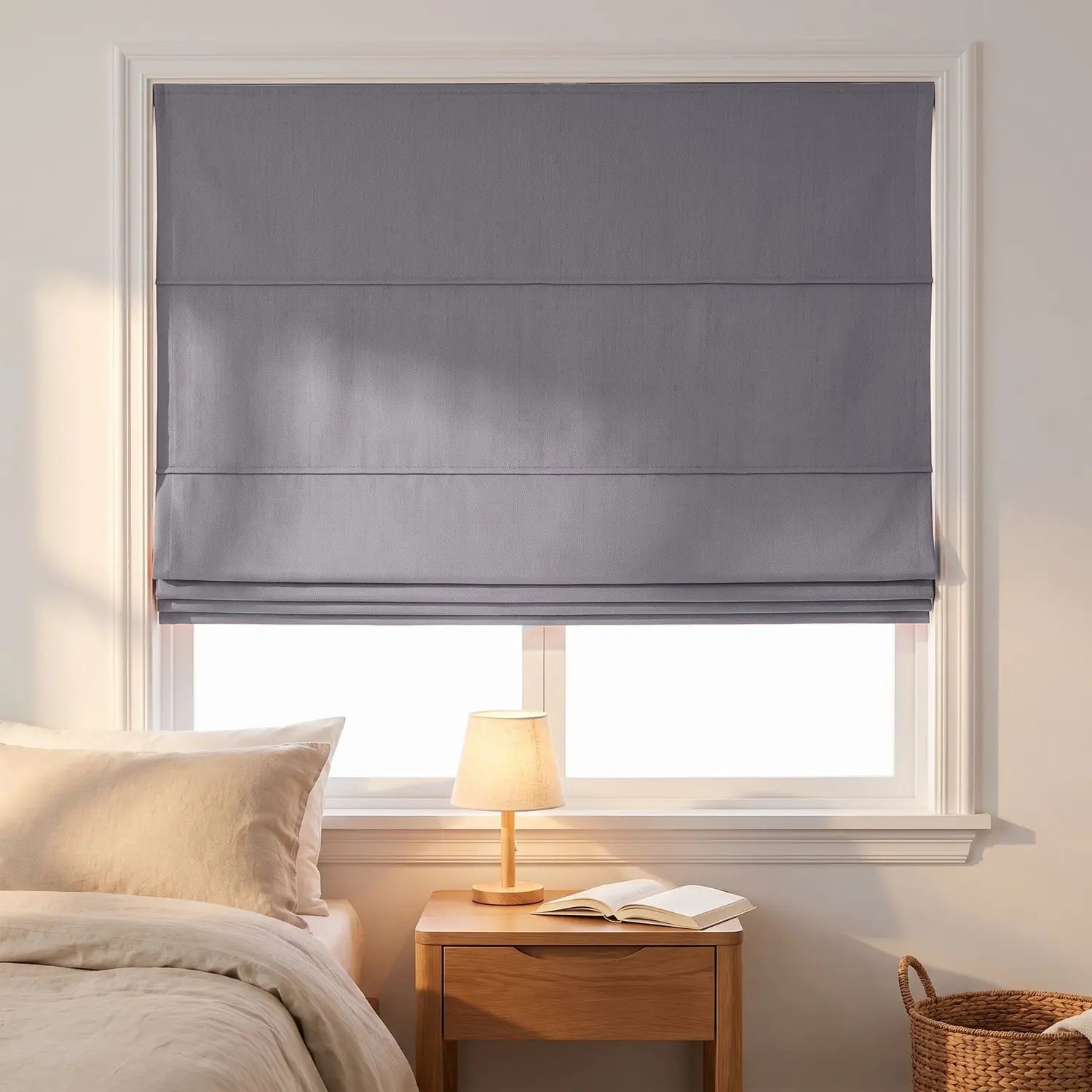 Custom Roman Shade - Sky Blue in room