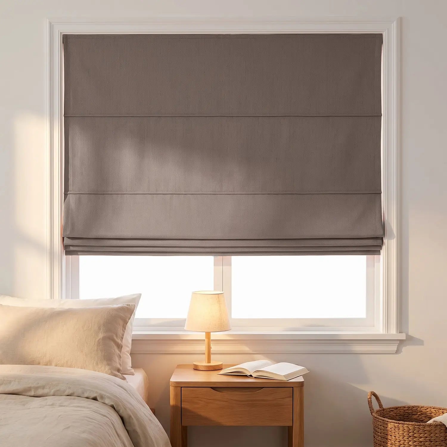 Custom Roman Shade - Greige in room