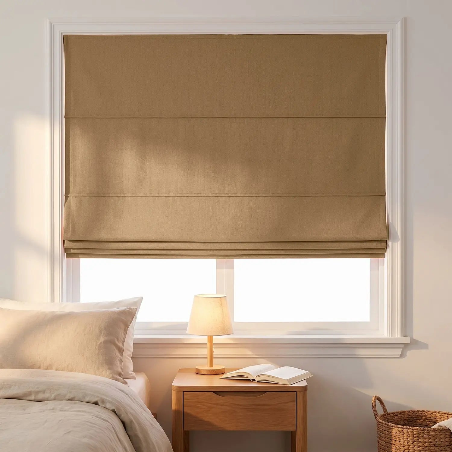 Custom Roman Shade - Caramel Brown in room