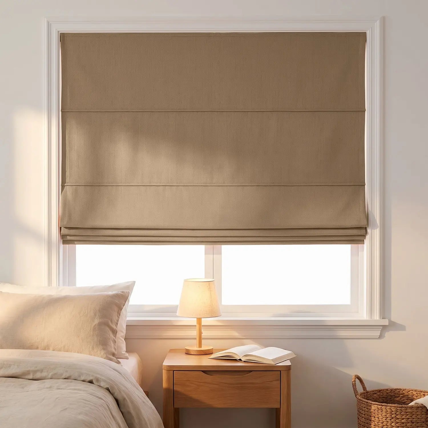Custom Roman Shade - Latte Brown in room