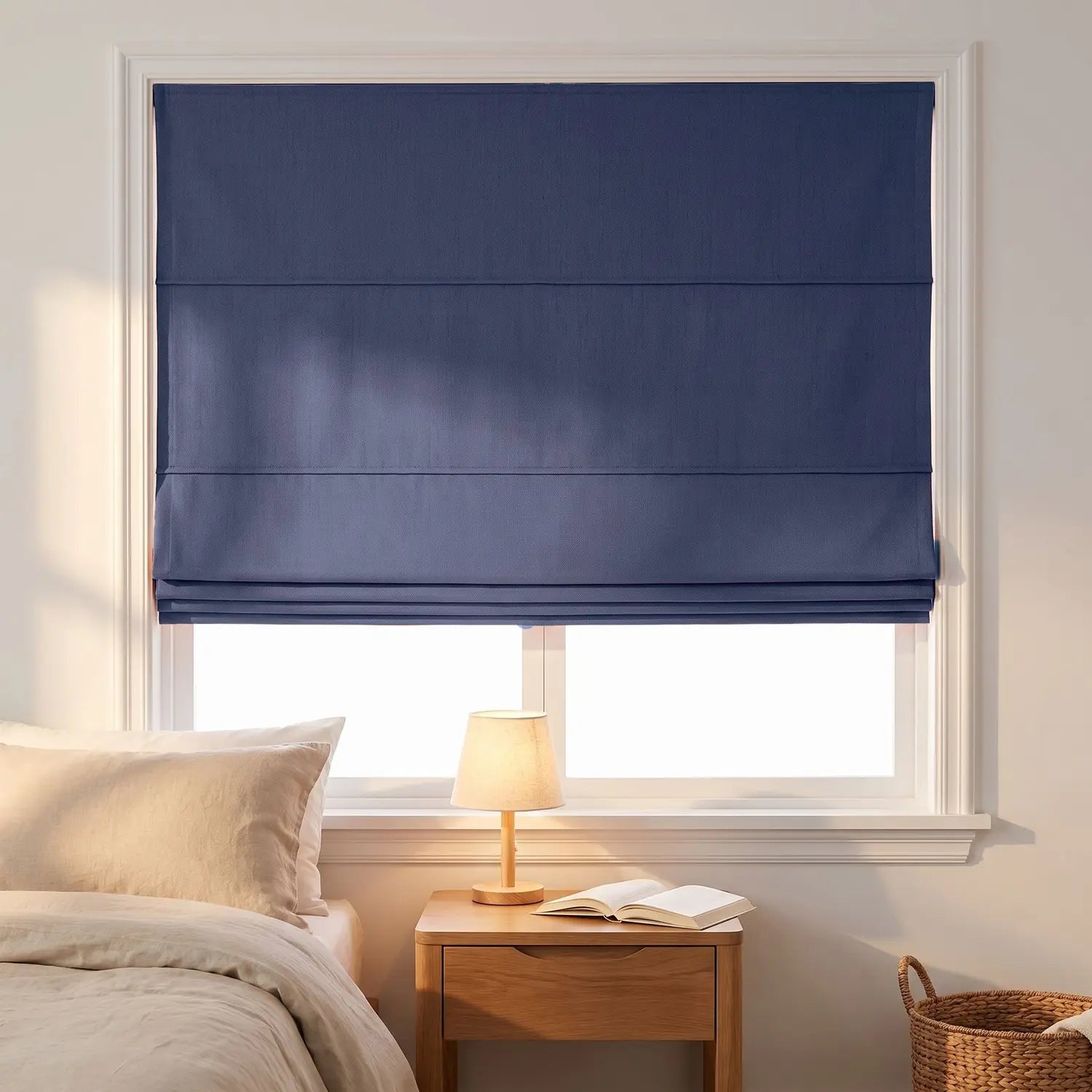 Custom Roman Shade - Denim Blue in room