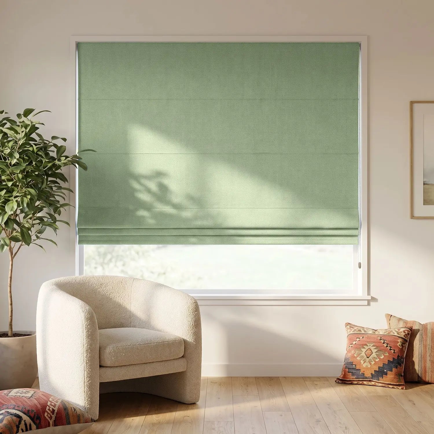 Custom Roman Shade - Pale Sage in room