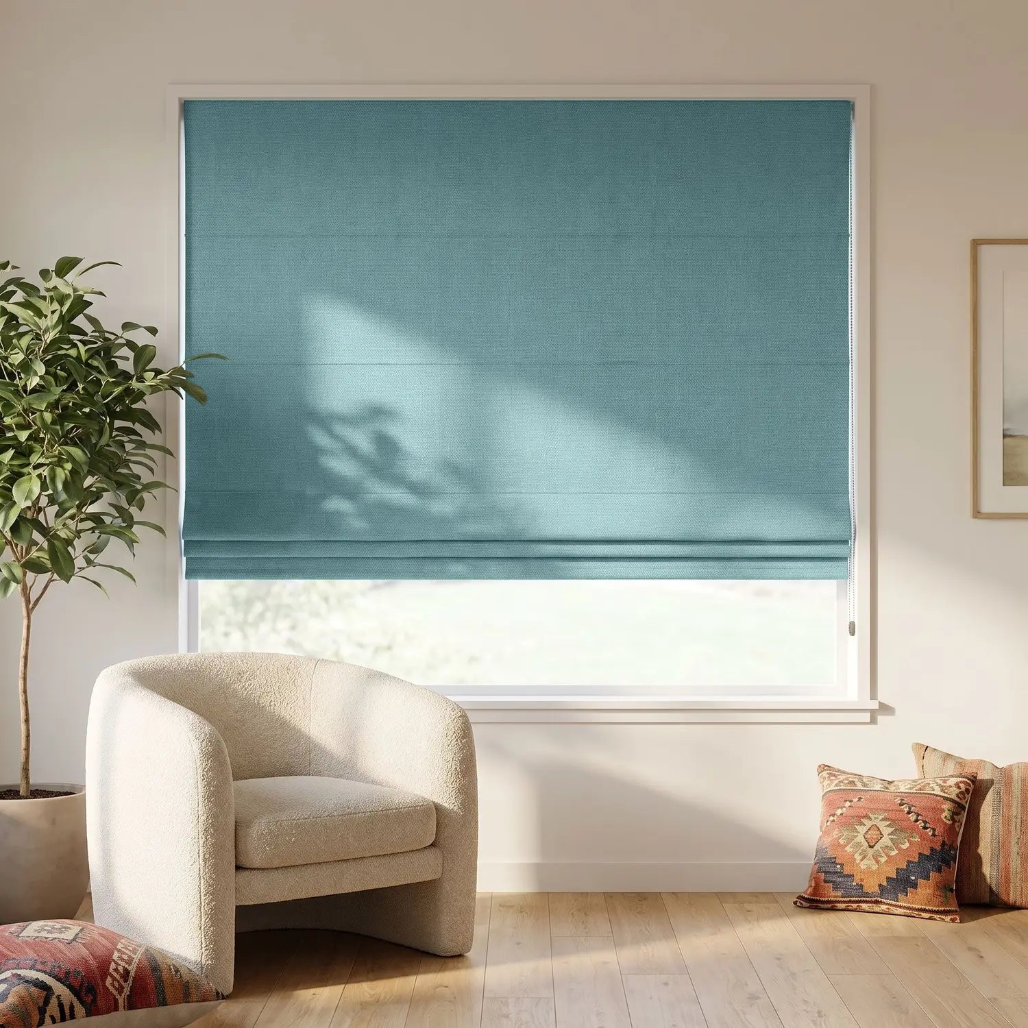 Custom Roman Shade - Sage Teal in room