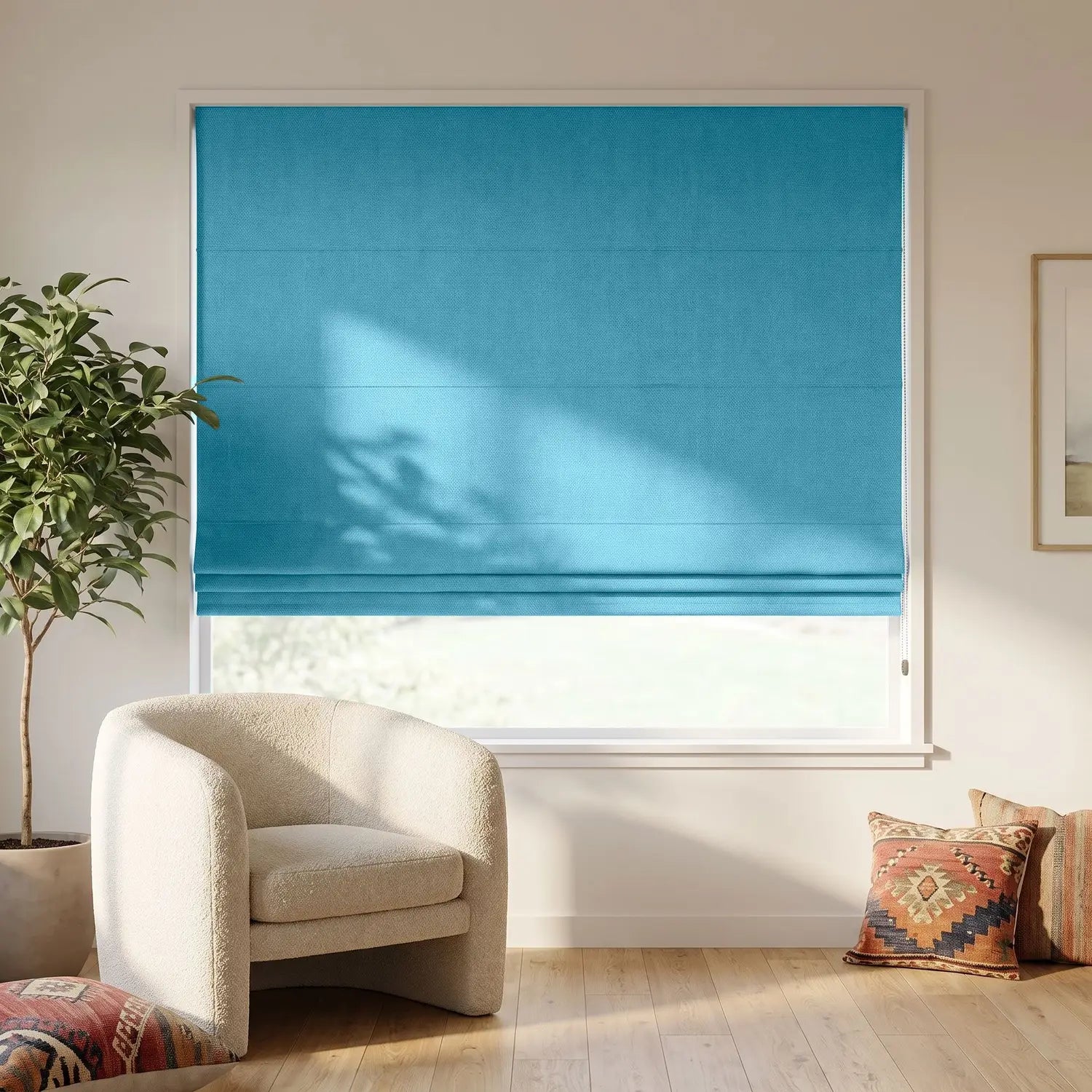 Custom Roman Shade - Mist Teal in room