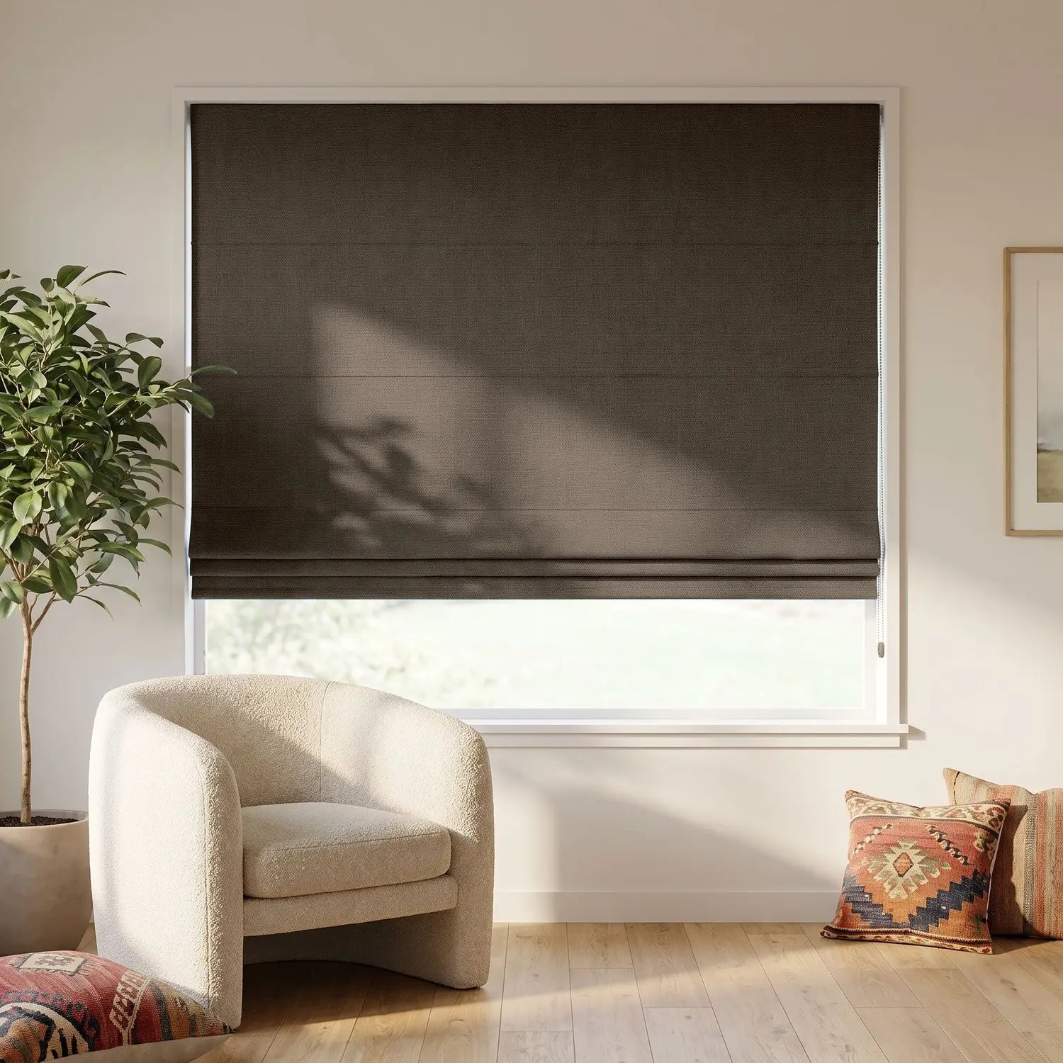 Custom Roman Shade - Latte Brown in room