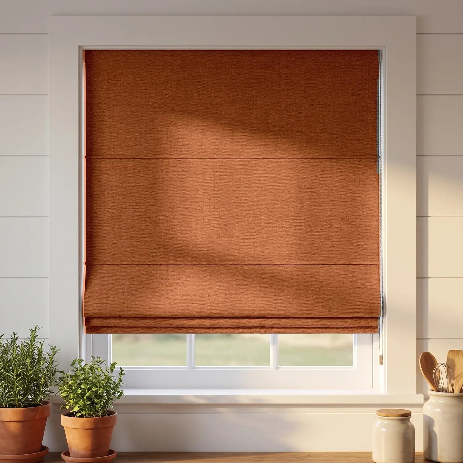 Custom Roman Shade - Mocha Brown in room