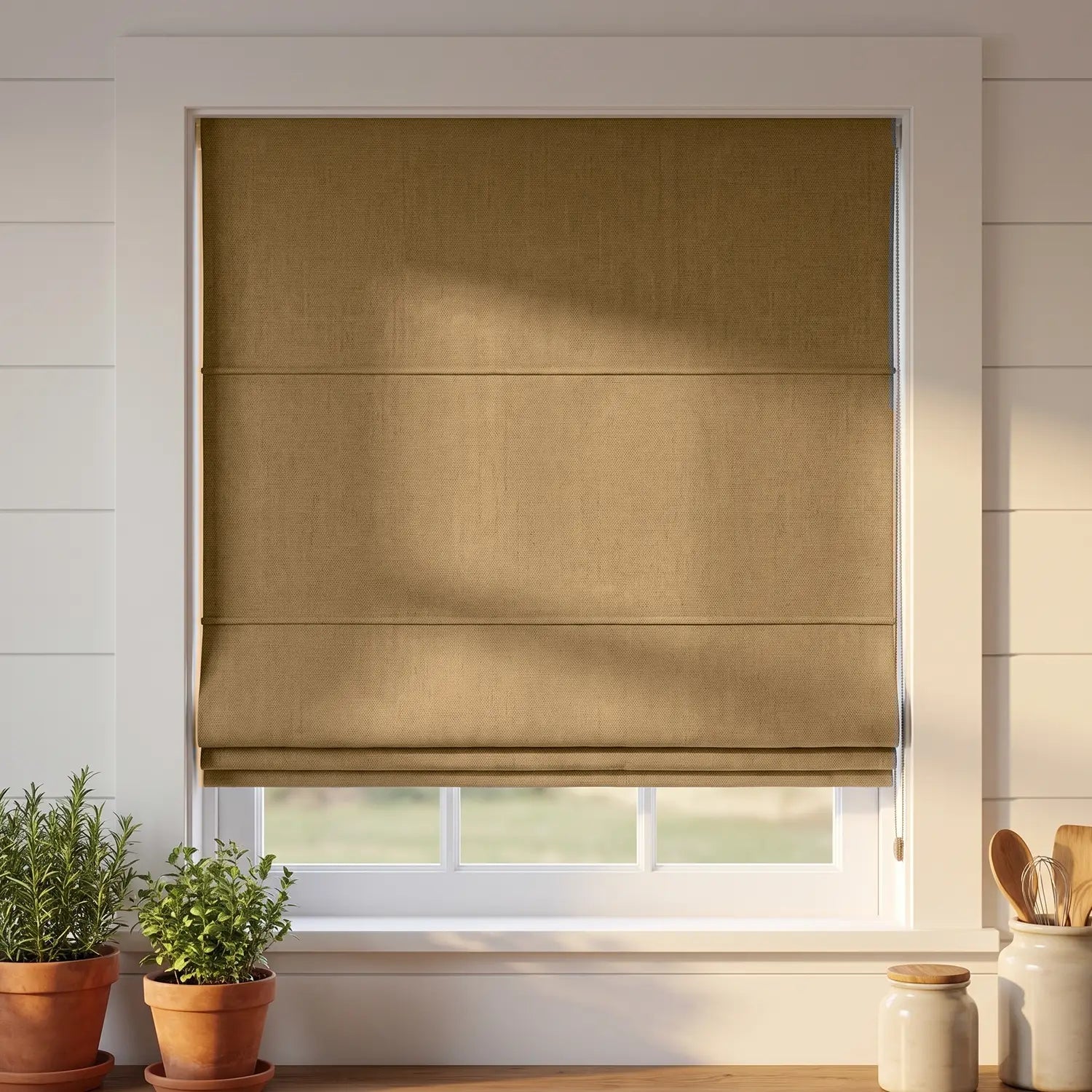 Custom Roman Shade - Caramel Brown in room