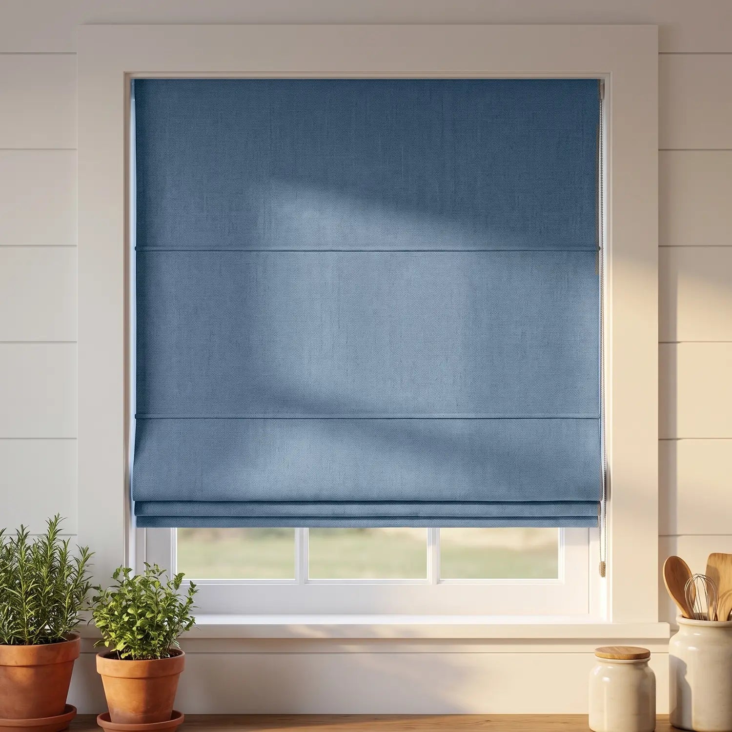 Custom Roman Shade - Powder Blue in room