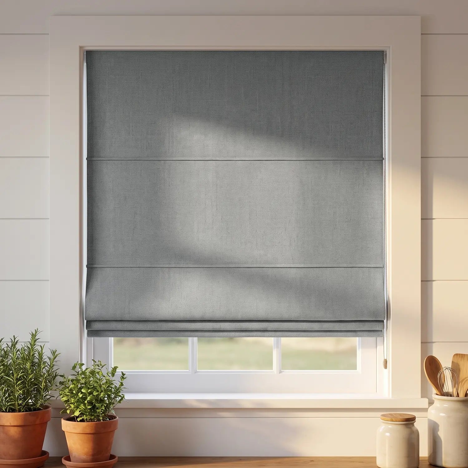 Custom Roman Shade - Ash Grey in room