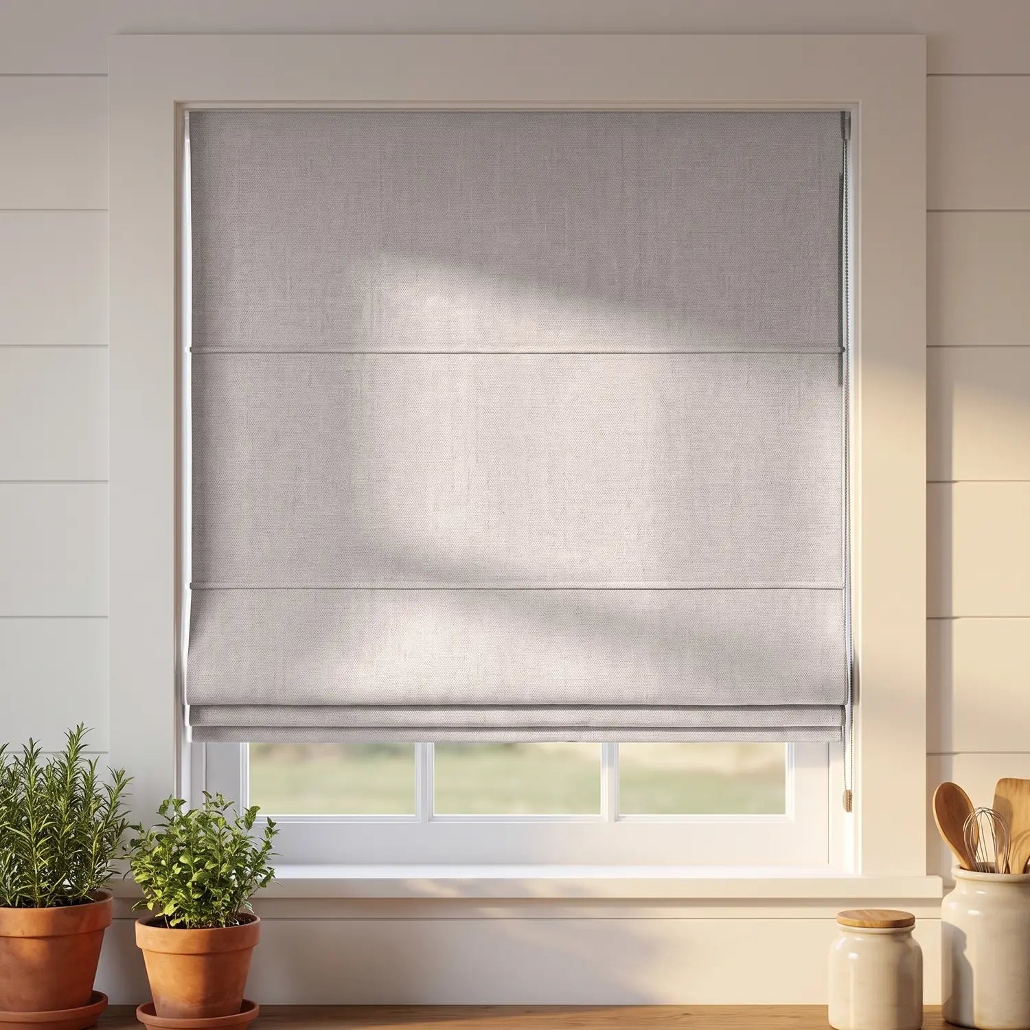 Custom Roman Shade - Almond Cream in room