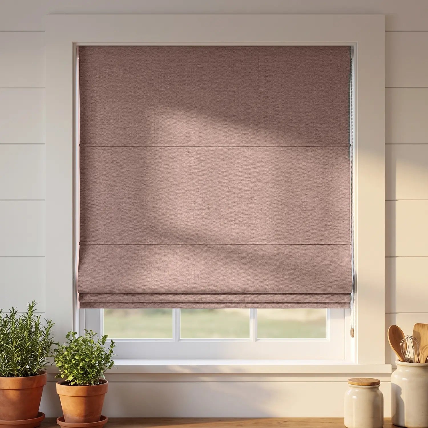 Custom Roman Shade - Blush Red in room