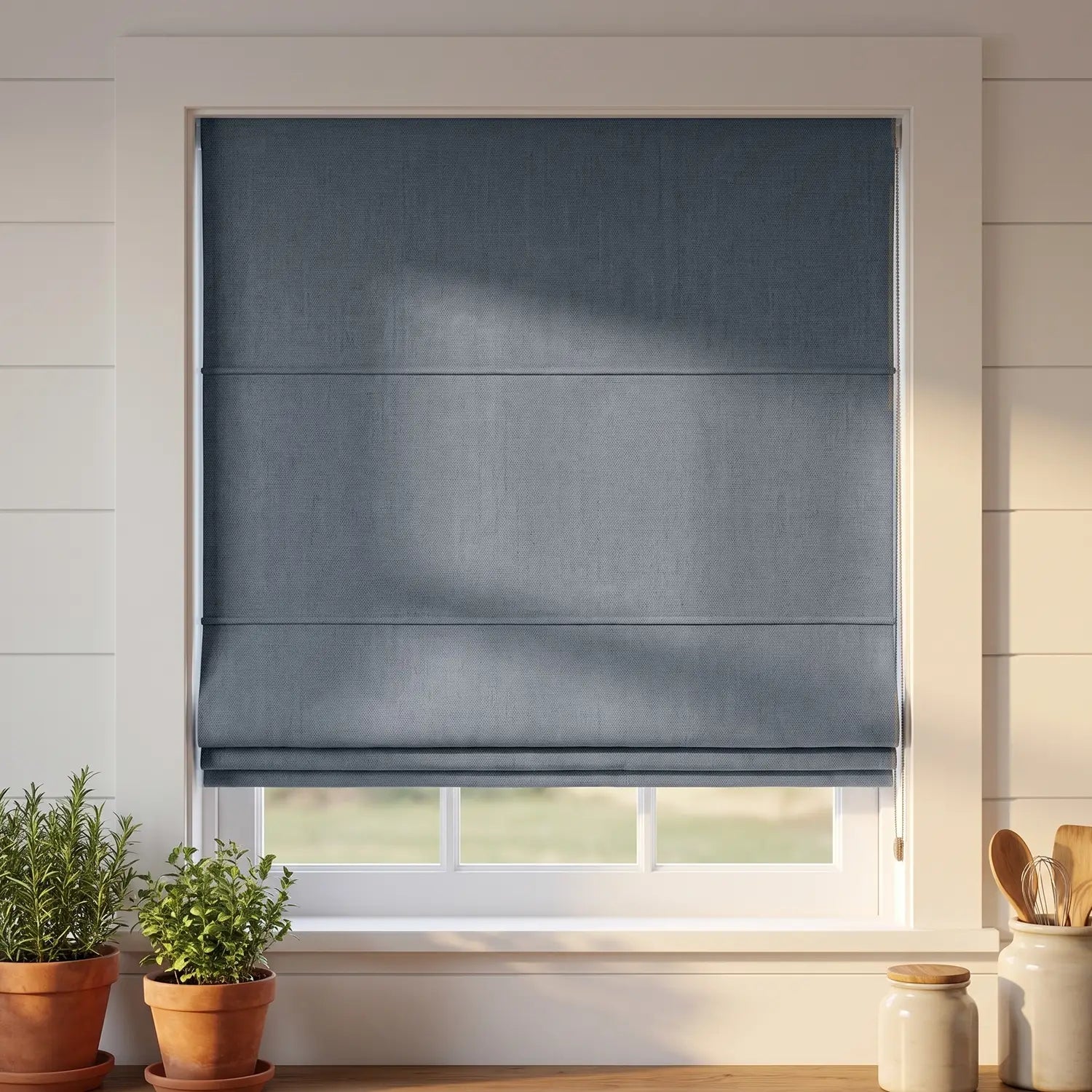 Custom Roman Shade - Stone Grey in room