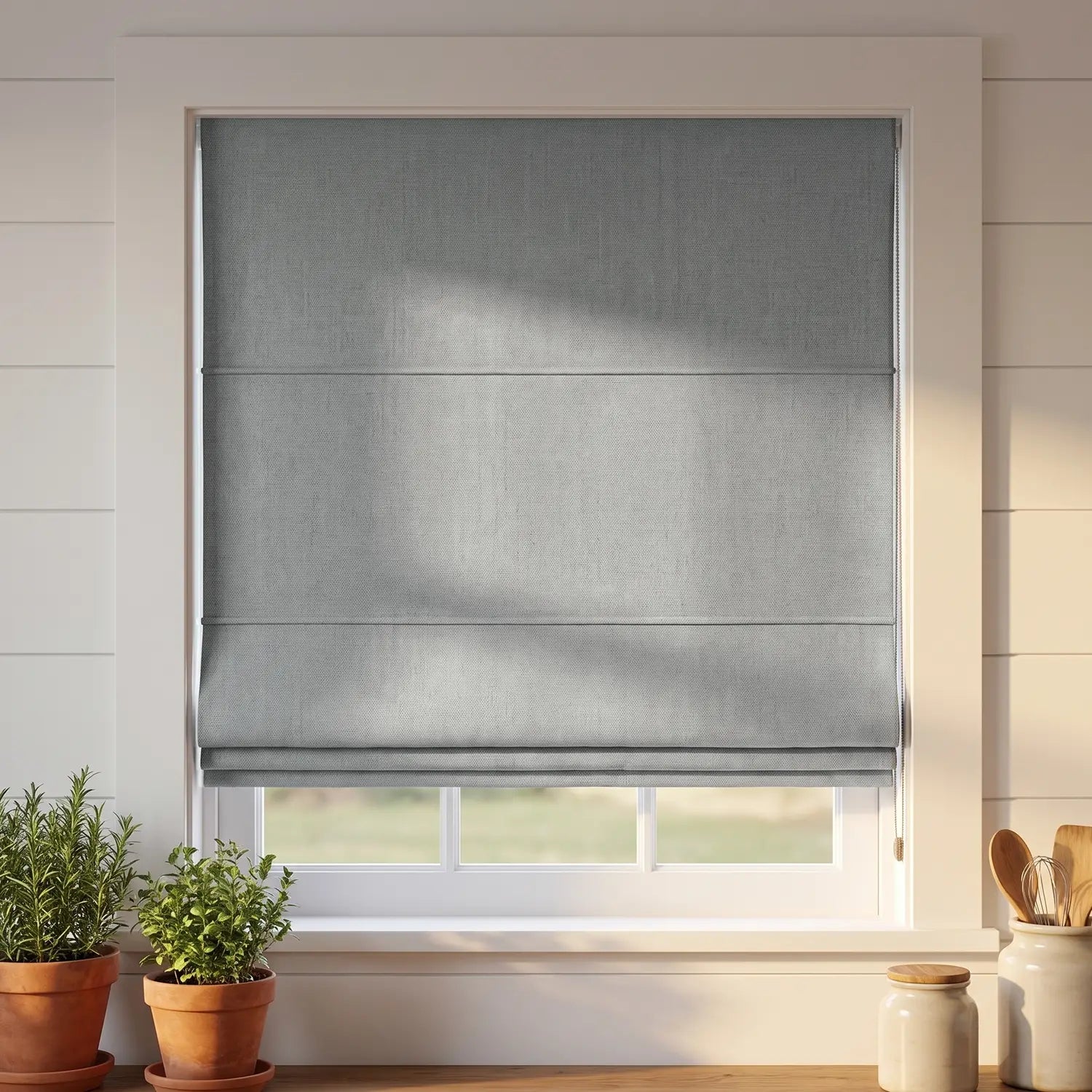 Custom Roman Shade - Warm Taupe in room