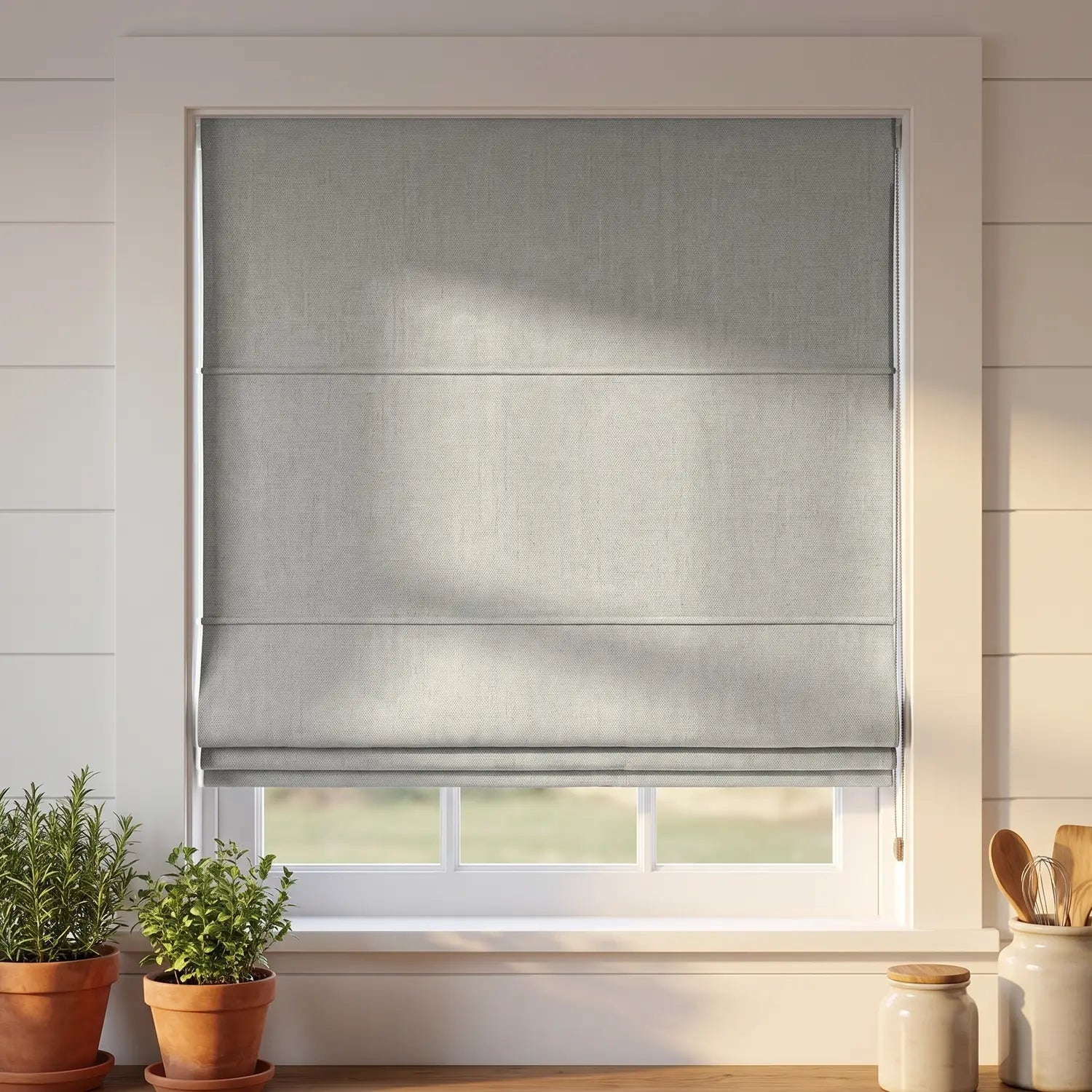 Custom Roman Shade - Sand Beige in room